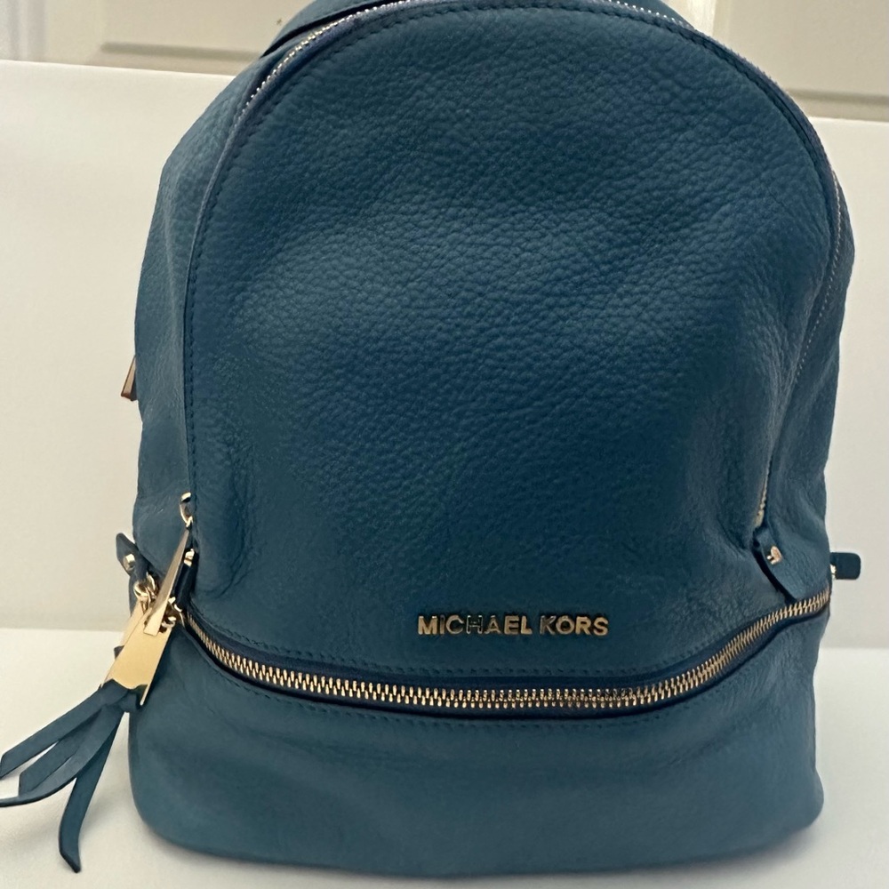 Michael Kors Blue Rhea Pebbled Leather Backpack with Gold Hardware